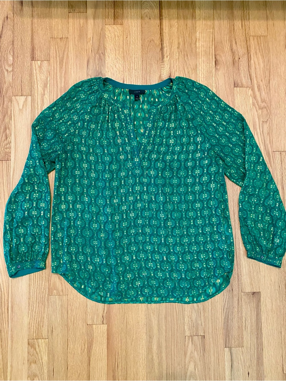 J. Crew Silk Blend Metallic Foulard Tunic Blouse Green/Gold